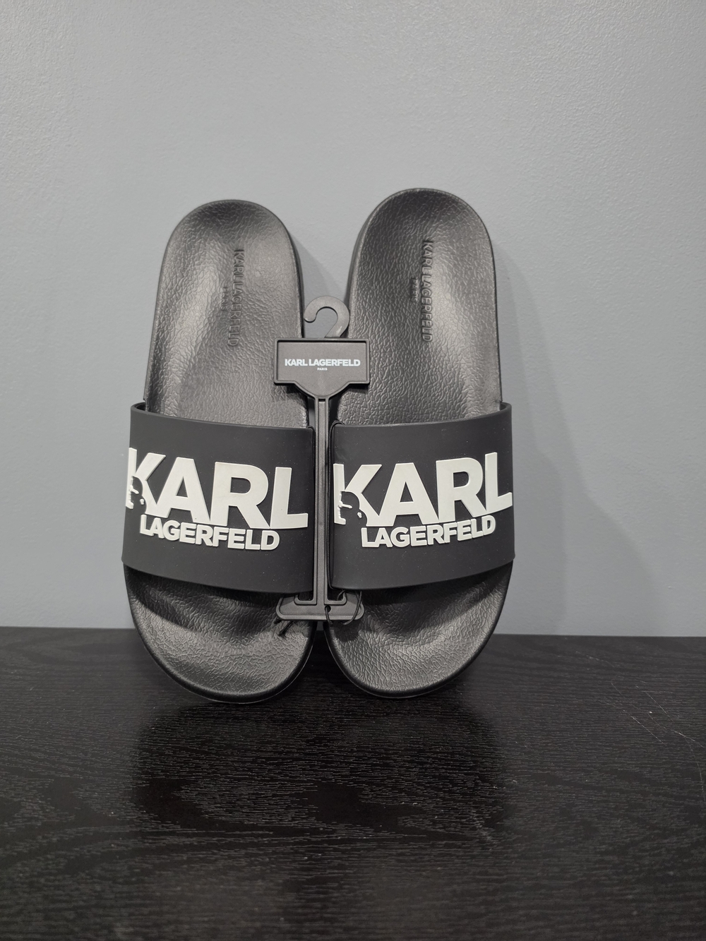 Karl Lagerfeld Black; White Logo Slide Sandals for Men